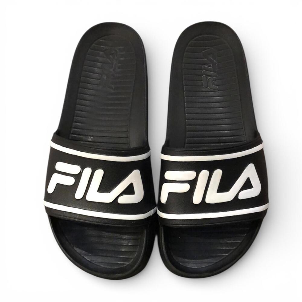 FILA Slides Slip-on Sandals Sz 7 Black and White Retro Athletic Athleisure - Picture 1 of 5